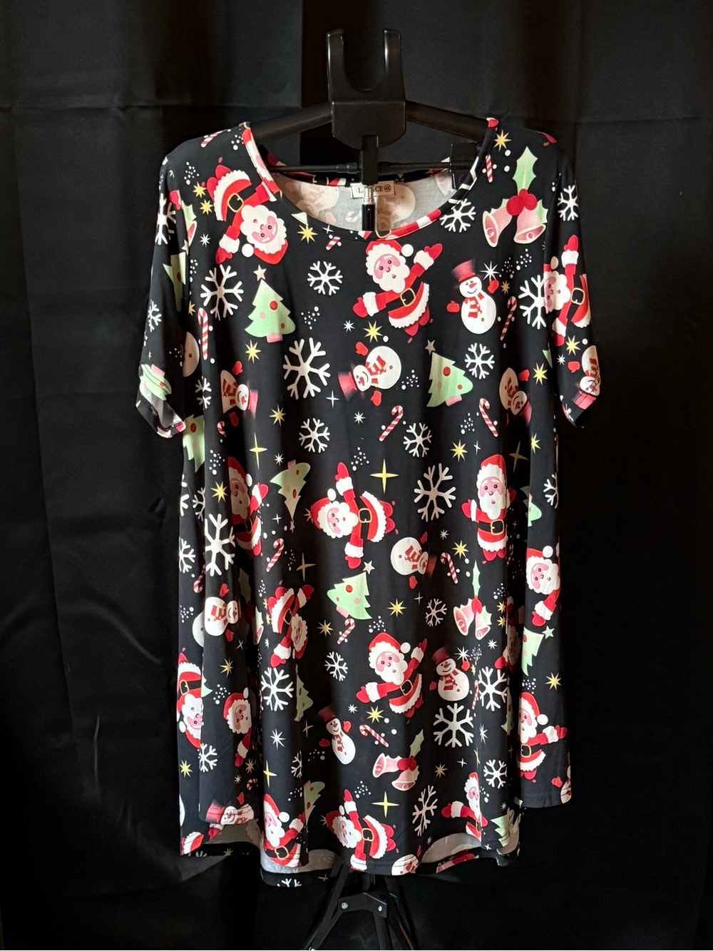 LARA Black Christmas Santa & Snowman Print Short Sleeve Tunic